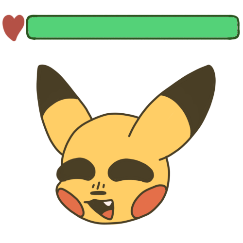  A full, green health bar with a red  heart to the left of the bar. Underneath is a happy smiling pikachu face.